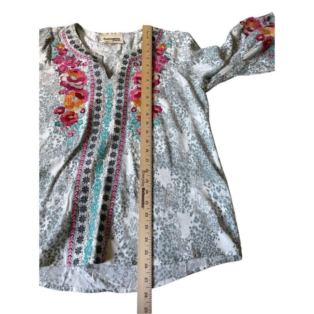 Savanna Jane Boho Top V-Neck Long Bell Sleeve Embroidered Blouse Floral Gray - Picture 6 of 11